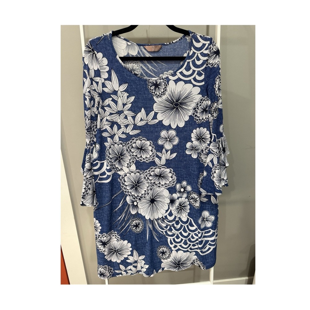SJS Blue‎ White Floral Shift Dress Round Neck 3/4 Bell Sleeve Ruffle Boho